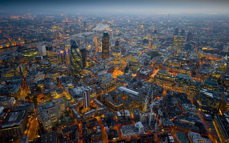 Bird's-eye view of London at night, United Kingdom