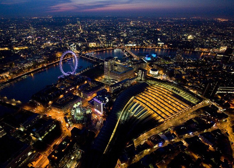 Bird's-eye view of London at night, United Kingdom