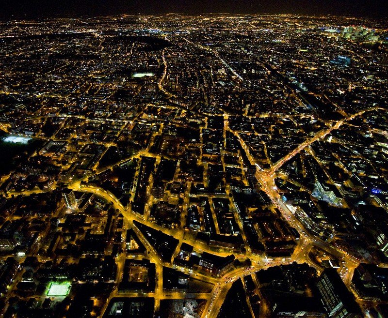 Bird's-eye view of London at night, United Kingdom