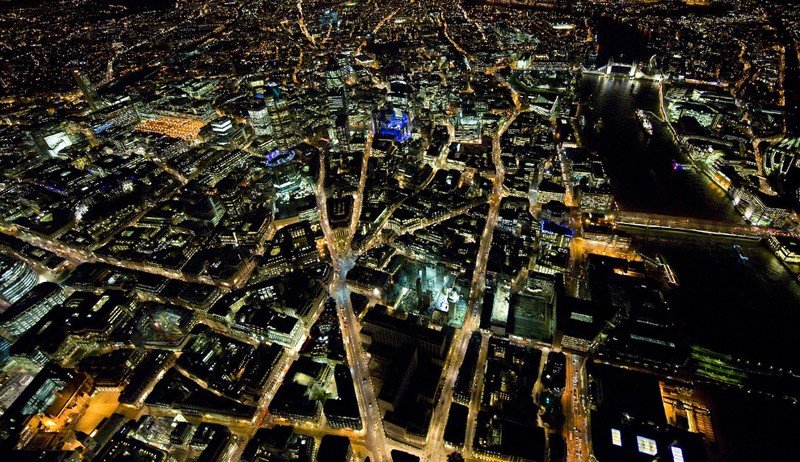 Bird's-eye view of London at night, United Kingdom