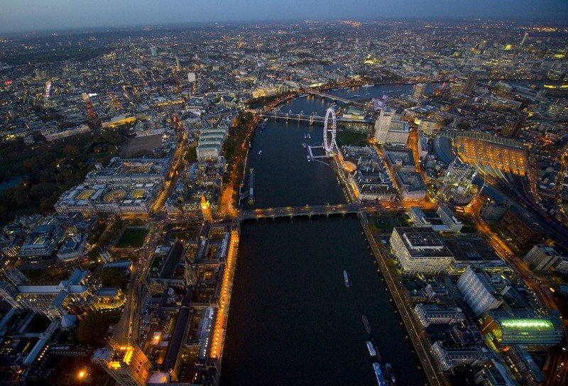 Bird's-eye view of London at night, United Kingdom