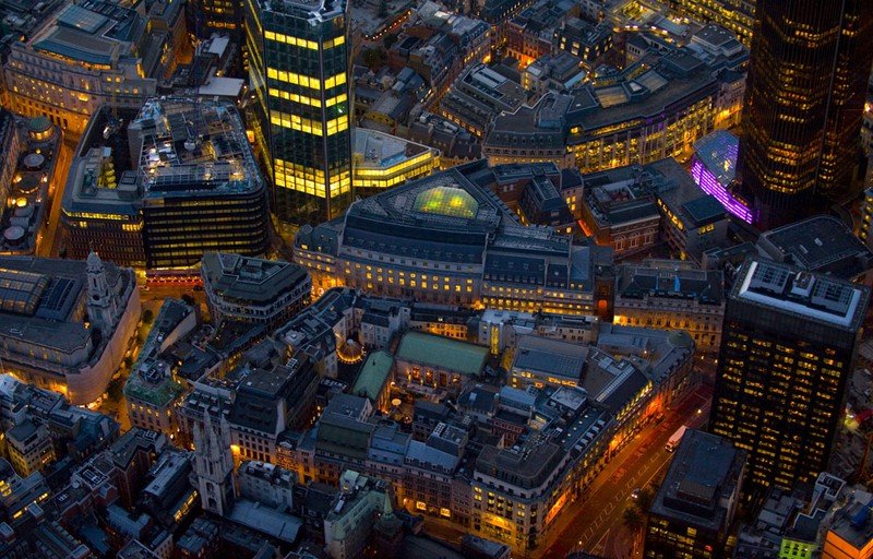 Bird's-eye view of London at night, United Kingdom