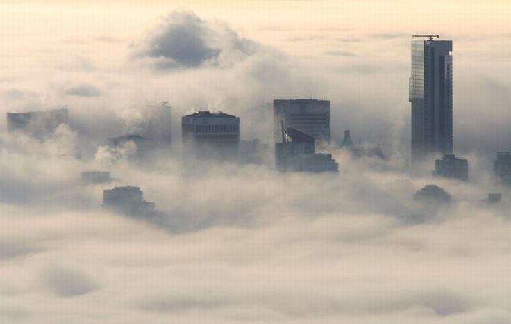 bird's-eye view of buildings above the clouds