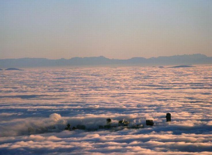 bird's-eye view of buildings above the clouds