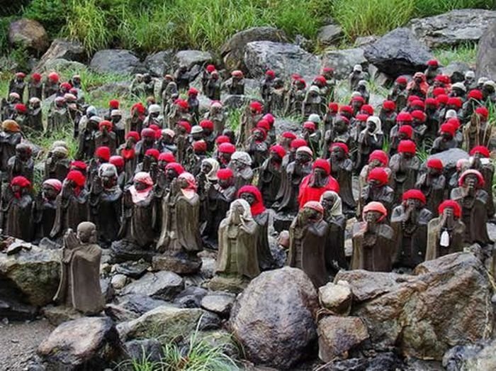 Jizo statues near volcano, Japan