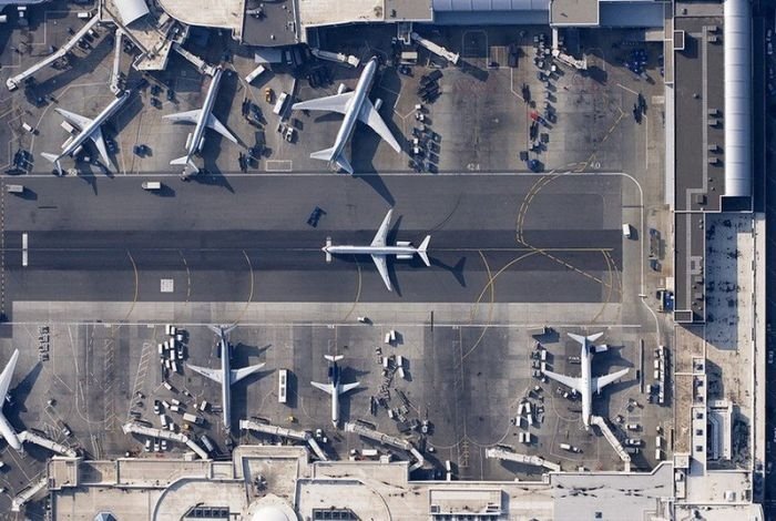 aerial view of airport runway