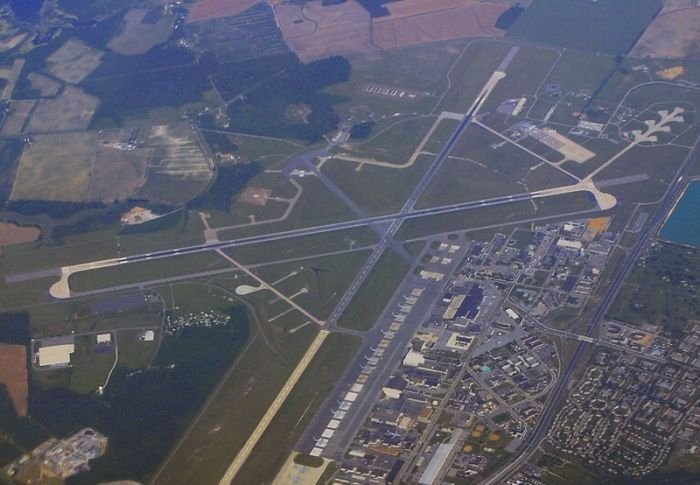 aerial view of airport runway