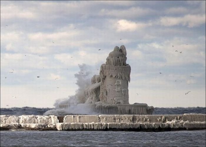 Frozen lighthouse, Lake Erie, North America