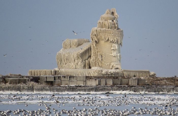 Frozen lighthouse, Lake Erie, North America