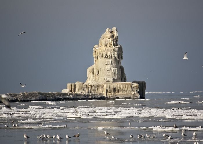 Frozen lighthouse, Lake Erie, North America