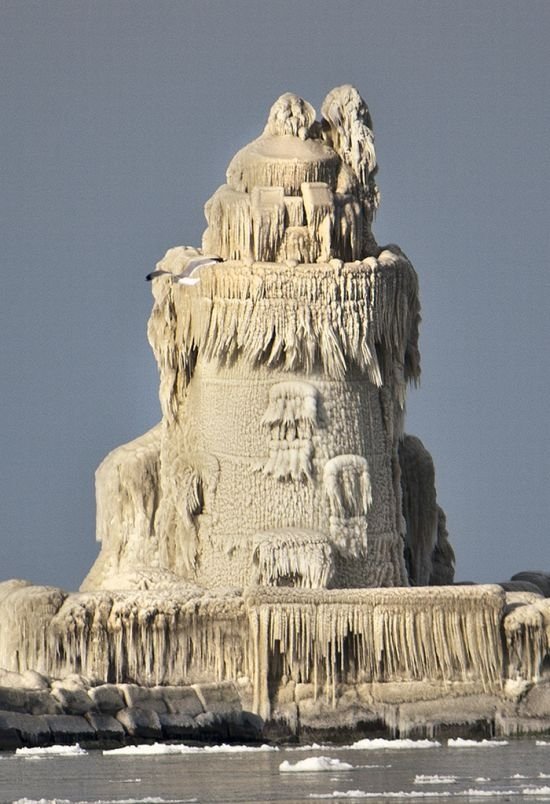 Frozen lighthouse, Lake Erie, North America