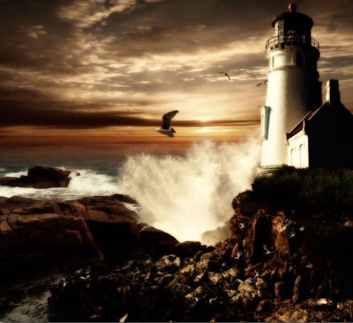 lighthouse in waves