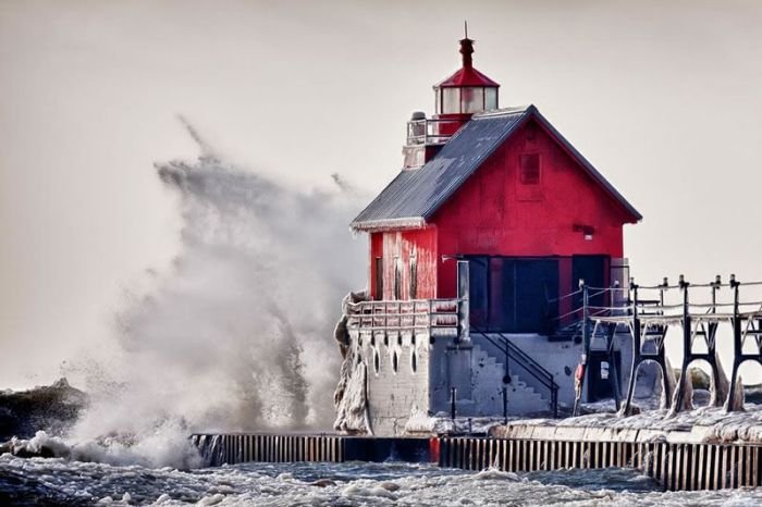 lighthouse in waves