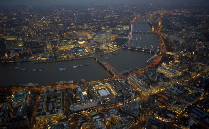 Bird's-eye view of London at night, United Kingdom