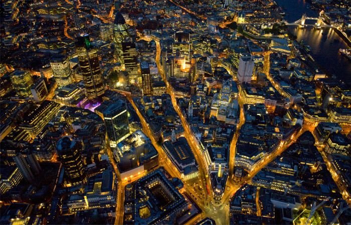 Bird's-eye view of London at night, United Kingdom