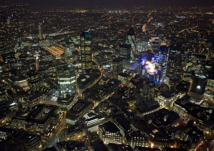 Bird's-eye view of London at night, United Kingdom