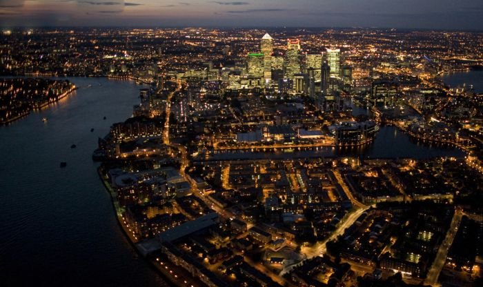 Bird's-eye view of London at night, United Kingdom