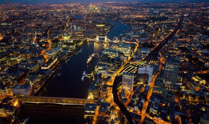 Bird's-eye view of London at night, United Kingdom