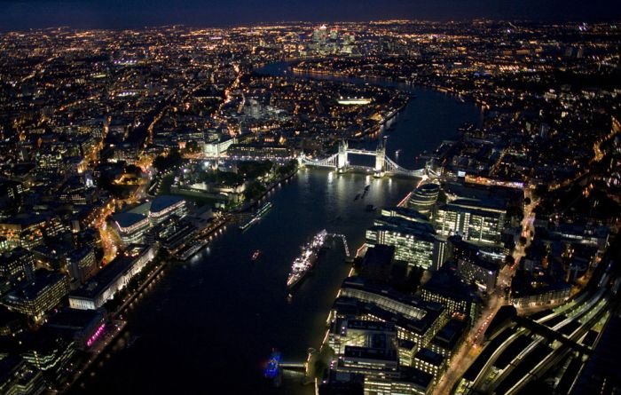 Bird's-eye view of London at night, United Kingdom