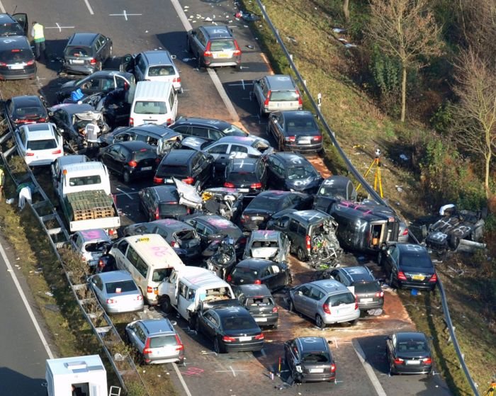 52-vehicle pile-up on a highway A31, Emsland Autobahn, Germany