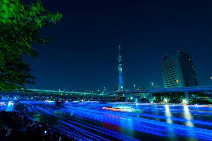 River of light with electronic LED fireflies, Sumida river, Tokyo