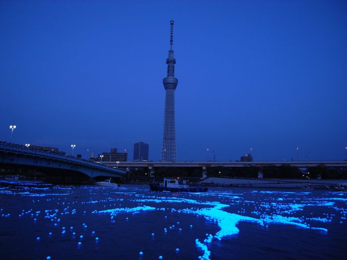 River of light with electronic LED fireflies, Sumida river, Tokyo