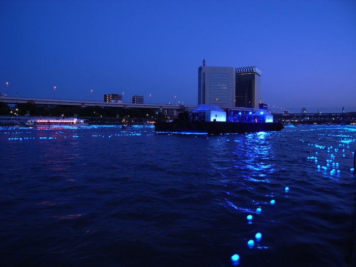 River of light with electronic LED fireflies, Sumida river, Tokyo