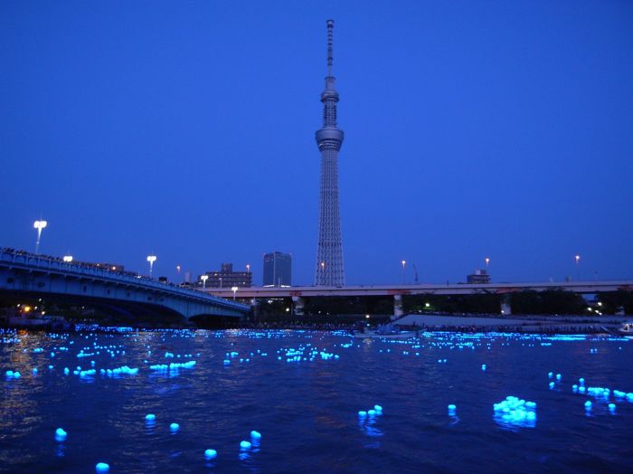 River of light with electronic LED fireflies, Sumida river, Tokyo