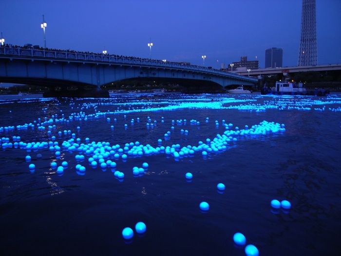 River of light with electronic LED fireflies, Sumida river, Tokyo