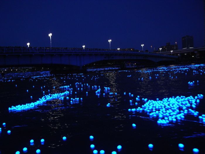 River of light with electronic LED fireflies, Sumida river, Tokyo