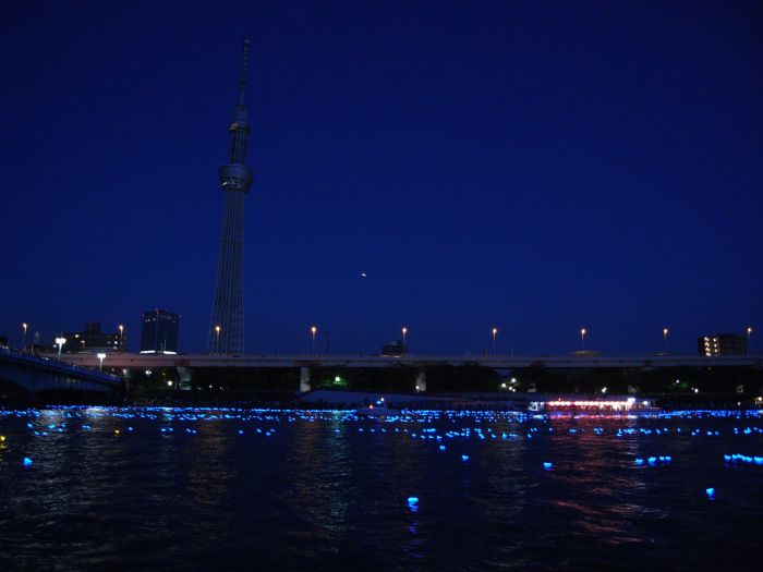 River of light with electronic LED fireflies, Sumida river, Tokyo