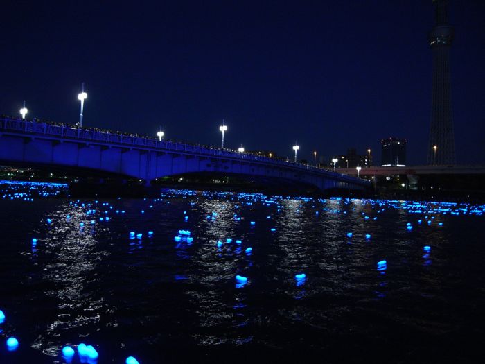 River of light with electronic LED fireflies, Sumida river, Tokyo