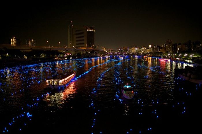 River of light with electronic LED fireflies, Sumida river, Tokyo