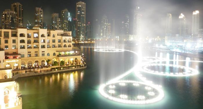 Record fountain system set, Burj Khalifa Lake, Dubai, United Arab Emirates