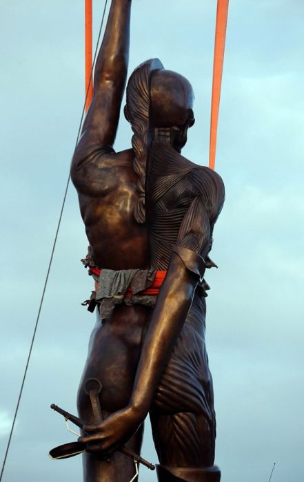 Verity bronze statue of a pregnant woman by Damien Hirst, North Devon, United Kingdom