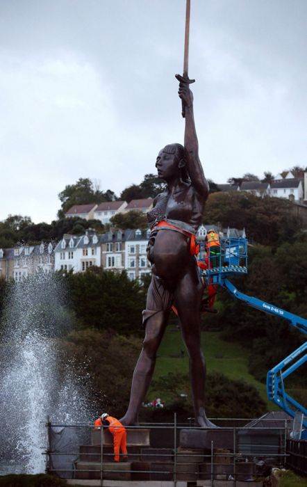 Verity bronze statue of a pregnant woman by Damien Hirst, North Devon, United Kingdom