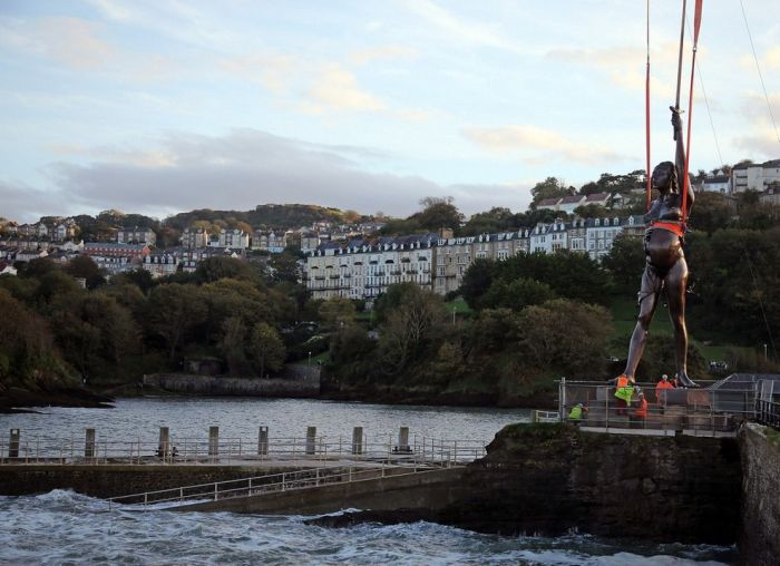 Verity bronze statue of a pregnant woman by Damien Hirst, North Devon, United Kingdom