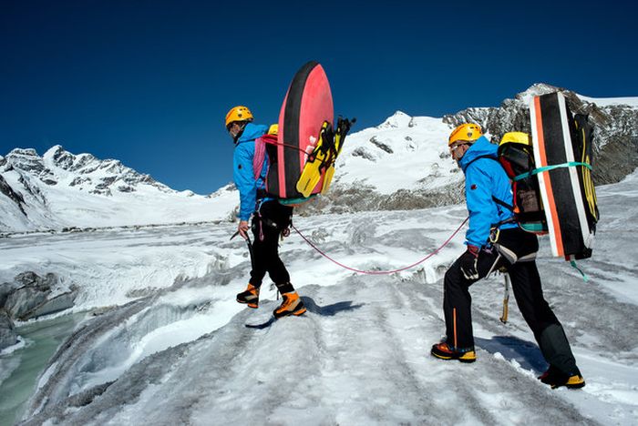 Riverboarding of Great Aletsch Glacier, Bernese Alps, Valais, Switzerland