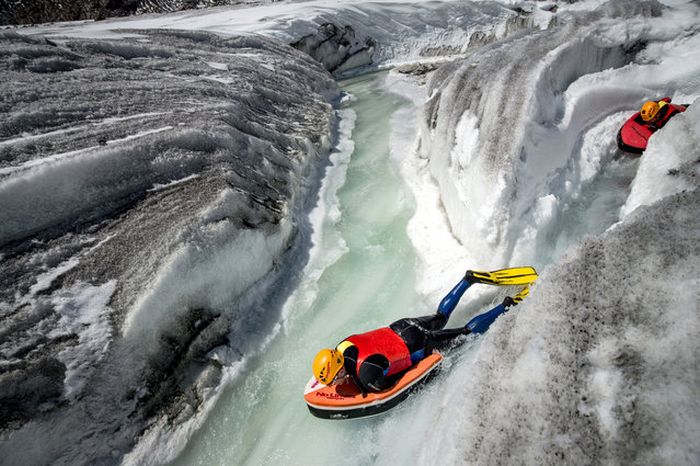 Riverboarding of Great Aletsch Glacier, Bernese Alps, Valais, Switzerland