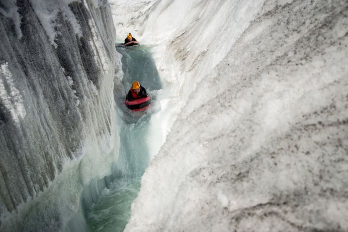 Riverboarding of Great Aletsch Glacier, Bernese Alps, Valais, Switzerland