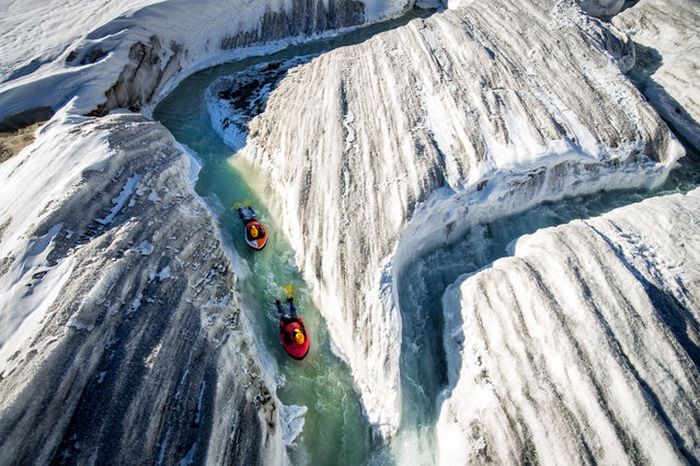 Riverboarding of Great Aletsch Glacier, Bernese Alps, Valais, Switzerland