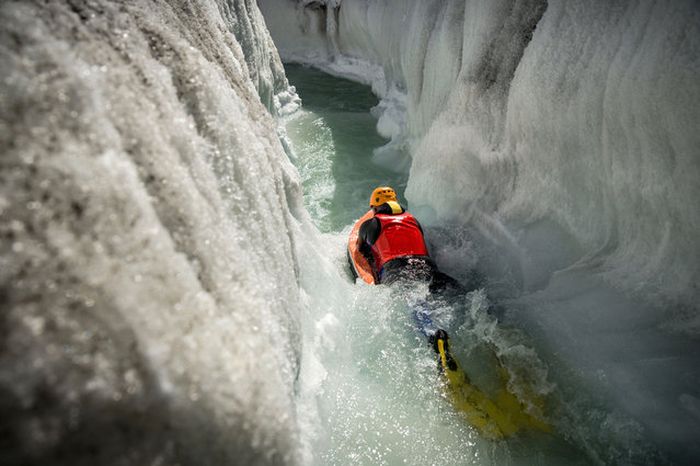 Riverboarding of Great Aletsch Glacier, Bernese Alps, Valais, Switzerland