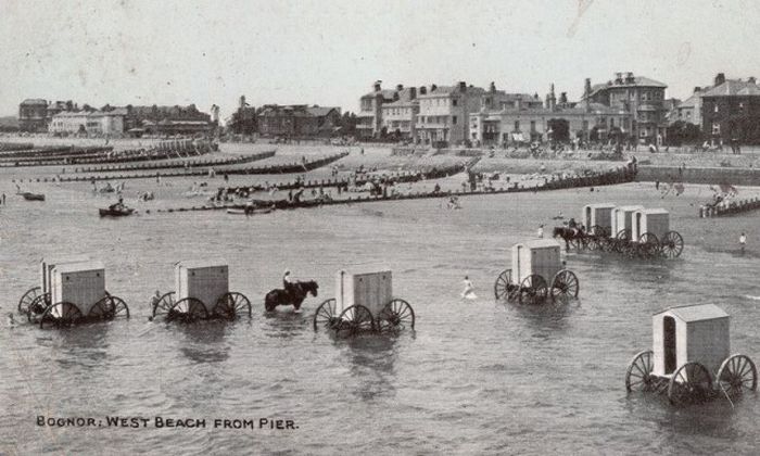 History: Bathing machine devices on the beach, 18th-19th century, Europe