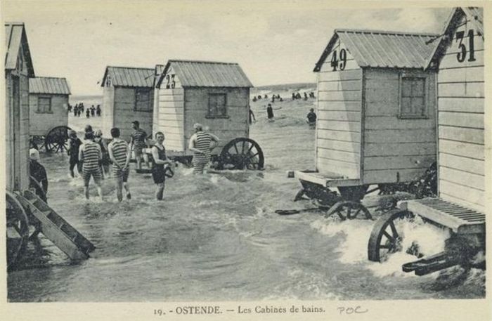 History: Bathing machine devices on the beach, 18th-19th century, Europe
