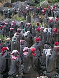 World & Travel: Jizo statues near volcano, Japan