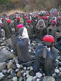 World & Travel: Jizo statues near volcano, Japan